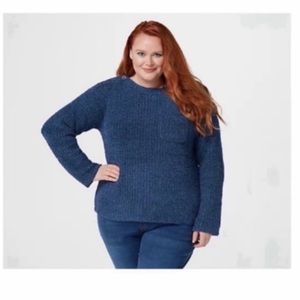 Barefoot Dreams Womens Sweater Pullover Boat Neck Size Medium Blue Fluffy Knit.